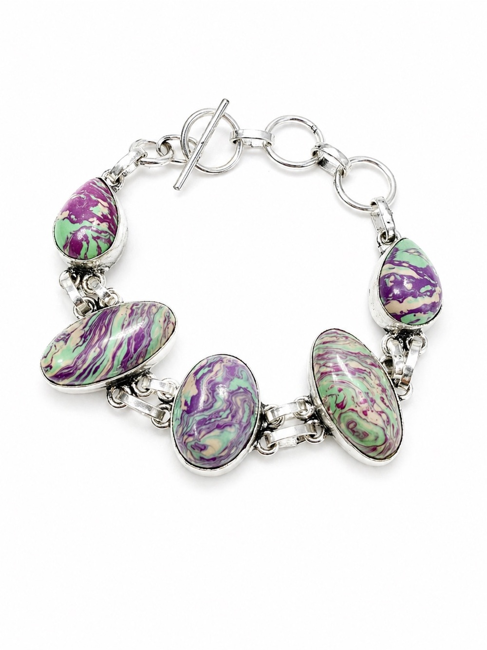 Sterling Silver 925 Statement Bracelet Pink Green Marbled Stone Toggle Chunky